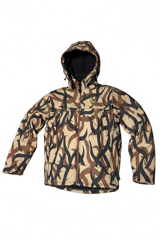A camouflage lightweight bowhunter jacket with large outside zip pockets, armpit vents, a hood, and a drawstring waist.